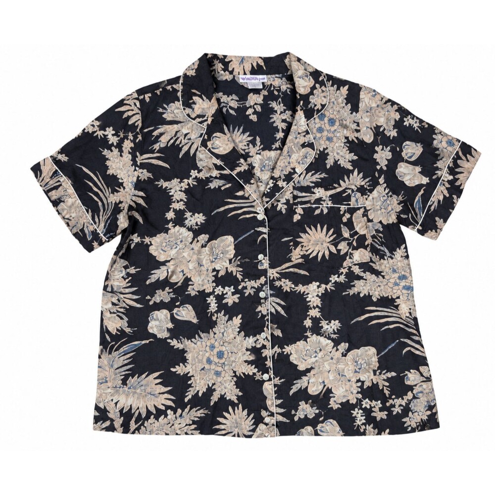 Sevya Handmade Women’s S Black Floral Cotton Pajama Style Button Up Blouse